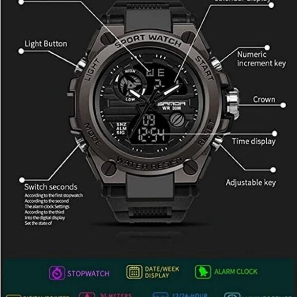 BLACK BLUE STAINLESS STEEL MILITARY SPORT WATERPROOF QUARTZ WRISTWATCH - Picture 4 of 6